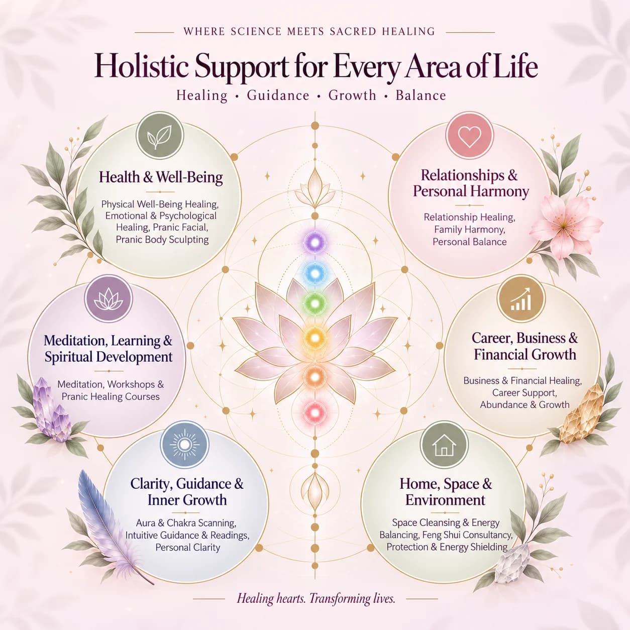 Holistic support for every area of life: Health and Well-Being (physical, emotional, Pranic Facial, Pranic Body Sculpting); Relationships and Personal Harmony; Career, Business and Financial Growth; Home, Space and Environment (space cleansing, Feng Shui, protection); Clarity, Guidance and Inner Growth (aura and chakra scanning, intuitive readings); Meditation, Learning and Spiritual Development.